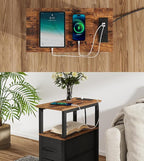 Narrow Side Table for Small Spaces, Skinny End Table with Charging Station, Sofa Beside Table with 2 Drawers 1 Open Compartment, Slim Nightstand with USB Ports Outlet, Rustic and Brown UTBT004F