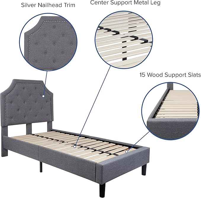 Flash Furniture Brighton Twin Size Tufted Upholstered Platform Bed in Light Gray Fabric