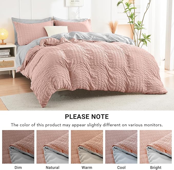 HYMOKEGE Rose Gold/Light Grey Full Size Comforter Sets Seersucker 7 Pieces, All Season Luxury Bed in a Bag for Bedroom, Bedding Set with Comforter, Sheets, Pillowcases & Shams