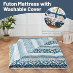 Japanese Floor Mattress, Futon Mattress with Storage Bag and Washable Cover, Roll Up Tatami Mat Suitable for Guest Room (Blue Striped Jacquard, Queen)