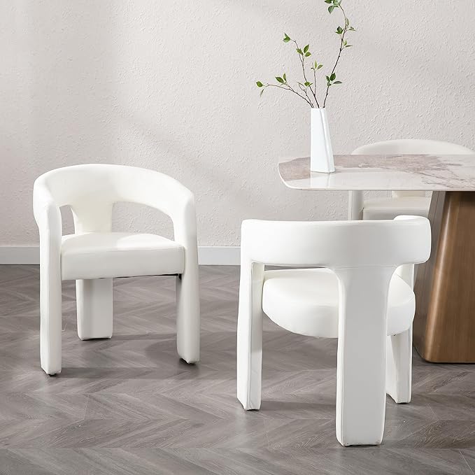 Modern Barrel Dining Chairs Set of 8, PU Leather Upholstered Accent Side Chair with Arms Comfy Makeup Vanity Chairs, Dining Living Room Kitchen Chairs, White