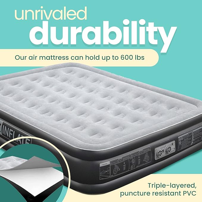 EZ INFLATE Air Mattress with Built in Pump - King Size Double-High Inflatable Mattress with Flocked Top - Easy Inflate, Waterproof, Portable Blow Up Bed for Camping & Travel