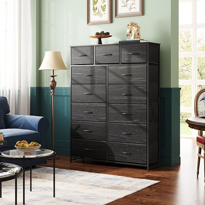 WLIVE Storage Organizer Unit with 13 Fabric Bins, Storage Drawers Organizer with Steel Frame, Tall Storage Tower Organizaton for Living Room, Hallway, Office, Charcoal Black Wood Grain Print