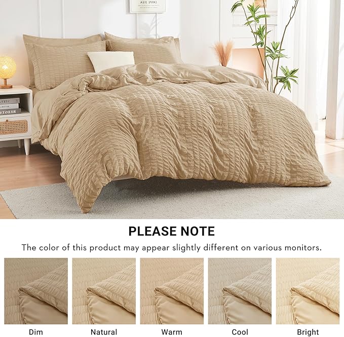 HYMOKEGE Khaki Queen Comforter Set Seersucker 7 Pieces, All Season Luxury Bed in a Bag Queen for Bedroom, Bedding Set with Comforter, Sheets, Pillowcases & Shams