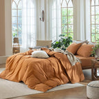 MooMee Bedding Duvet Cover Set 100% Washed Cotton Linen Like Textured Breathable Durable Soft Comfy (Solid Burnt Orange, Twin 68"x90")