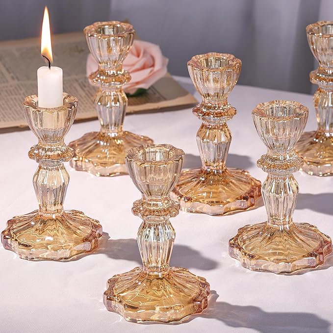 Glass Candlestick Holders Bulk, 6PCS Gold Taper Candle Holders for Table Centerpiece, Gold Tall Candle Stick Holder Stand for Wedding Decorations, Birthday, Christmas Table Decor