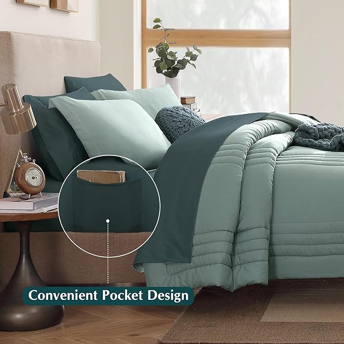 Monbix Twin XL Size Comforter Set - Extra Long 5 Pieces Dorm Bedding Sets, Quilting Design Fluffy Bed in a Bag Twin XL with Sheets, Pillowcase & Sham (Sage Green)