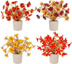 Fake Potted Plants 4pcs, Artificial Fall Flowers with Vase, Autumn Harvest Decoration for Home Indoor Outdoor, Table Plants Farmhouse Decor for Kitchen, Bedroom, Living Room, Bathroom