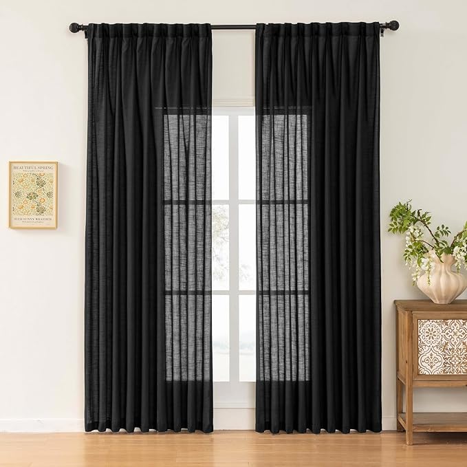Black Linen Sheer Pinch Pleated Sliding Door Curtains, 2x50 Inches Width, Dark Moody Neutral Light Filtering Drapes 90 Inches Long, Textured Modern Farmhouse Window Curtain Panels