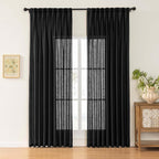 Black Linen Sheer Pinch Pleated Sliding Door Curtains, 2x50 Inches Width, Dark Moody Neutral Light Filtering Drapes 84 Inches Long, Textured Modern Farmhouse Window Curtain Panels