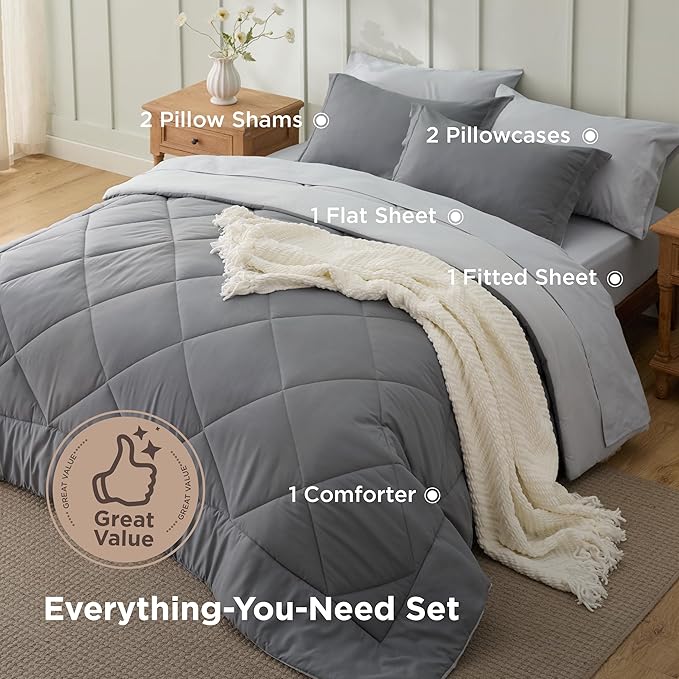 Bedsure Twin XL Comforter Set - 5 Pieces Reversible Grey Bedding, Twin XL Size Bed Set for All Seasons, Bed in a Bag with Down Alternative Comforter, Sheets, Pillowcase & Sham