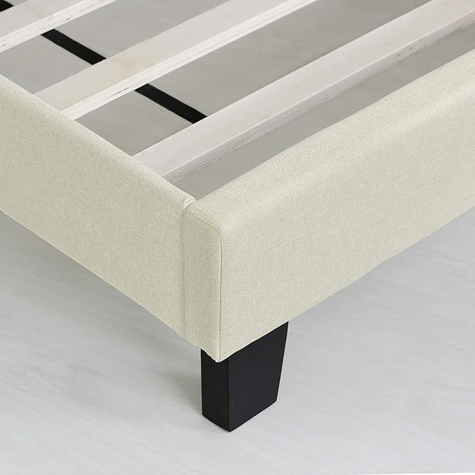 Furinno Laval Double Row Nail Head Upholstered Platform Bed Frame, King, Linen