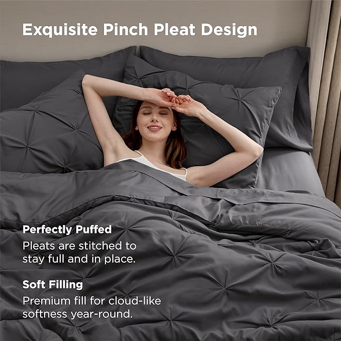 Bedsure Twin Comforter Set Dark Grey - Bed in a Bag Twin Size Bedding 5 Pieces, GentleSoft™ Pintuck Bed Set Gift for Family, Pinch Pleat Dark Grey Comforter with Sheets, Pillowcase & Sham