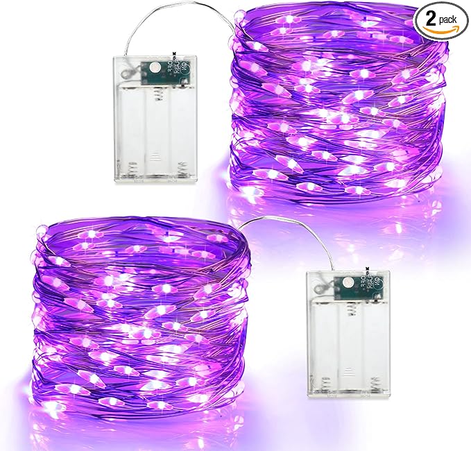 BrizLabs Purple Halloween Lights, 19.47ft 60 LED Purple Fairy Lights, 2 Modes Battery Halloween String Light, Indoor Silver Wire Battery Twinkle Light for Christmas Party Carnival Home Wedding Decor