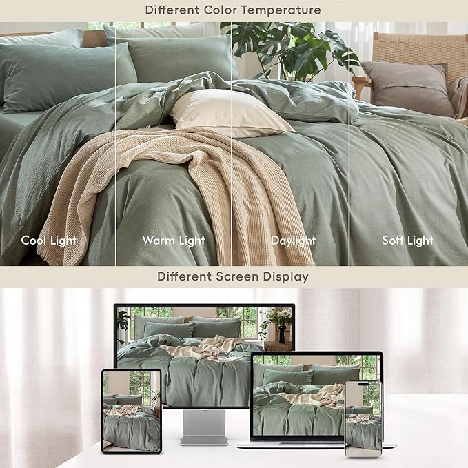 MooMee Bedding Duvet Cover Set 100% Washed Cotton Linen Like Textured Breathable Durable Soft Comfy (Heathered Green, Super King 108"x98")