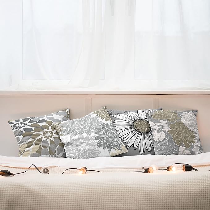 Ambesonne Floral Throw Pillow Cushion Case Pack of 4, Flower Petals Modern Color Palette Chamomile Peony Dahlia and Sunflower Print, Modern Accent Double-Sided Digital Printing, 16", Slate Brown Grey