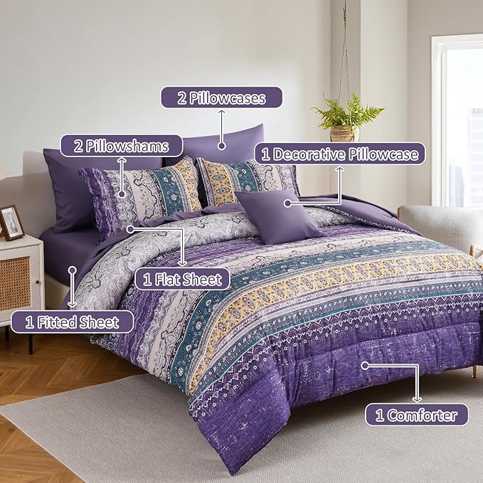 Cottolester Boho Comforter Set California King Size 8 Pieces,Violet Bohemian Striped Bed in a Bag, Paisley Soft Microfiber Bedding Comforter Set