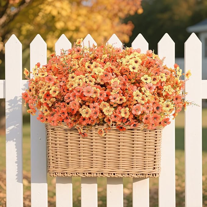 SHareconn 24 Bundles Artificial Fall Flowers for Outdoors Decoration, UV Resistant Silk Eucalyptus Lavender Faux Autumn Fake Plants for Outside Indoor Garden Yard Porch Home Decor, Autumn Orange-Red