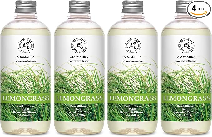 Lemongrass Diffuser Refill 68 Fl Oz (4x17Fl Oz) - Fresh & Long Lasting Fragrance - Refill Bottle with Natural Essential Lemongrass Oil - Best for Aromatherapy - Reed Diffuser Oil Refill for Home