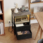 Fixwal Night Stand with Charging Station, LED Nightstand with U-S-B Ports and Outlets, 2 Fabric Storage Drawers with PU Finish, Bed Side Table, French Oak