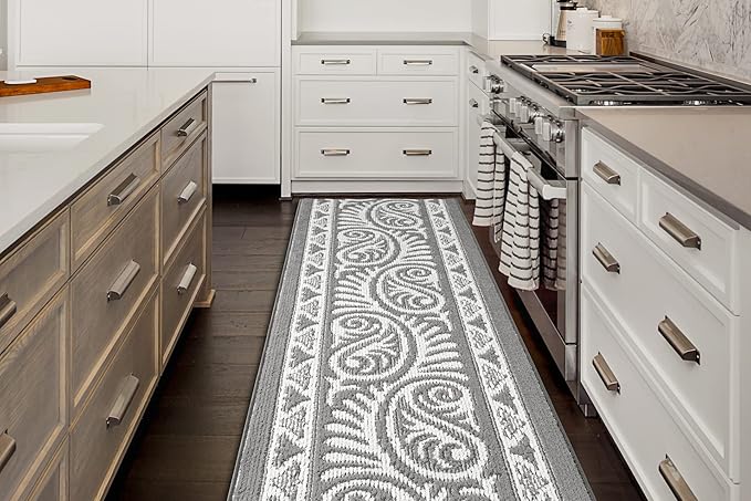 Custom Length Cut to Size Tribal Ethnic Southwestern Inspired Hallway Runner Rug, Non Slip Rubber Backed, 31 inch Wide X Customized Length, Mayan Grey, 31 inch X 9 feet