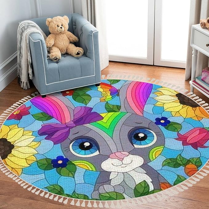 Round Rugs Stained Glass a Portrait Cute Cartoon Rabbit Flowers Rectangular Boho Area Rug Linen and Cotton Carpet Meditation Washable Hallway Runner Mat Accent for Bedroom Bathroom 3ft