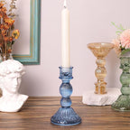 DARJEN 2 Pcs Blue Candlestick Holders - Vertical Stripe Glass Candle Holders for Taper and Votive Candles, Taper Candle Holder for Home, Wedding, Party, Dinner Table Decor