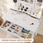 Tiptiper Vanity Table Set with Lighted Tri-Folding Mirror, Makeup Vanity with Lights & 3 Color Lighting Modes, Vanity Desk with Mirror and Cushioned Stool, Makeup Table with 5 Drawers, White