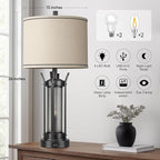 QiMH Farmhouse Table Lamps for Living Room, Beside Lamps for Bedroom with USB A+C Charging Ports, Rustic Nightstand Lamp Set of 2 with Frosted Glass Night Light, 4 Bulbs Included (Black)