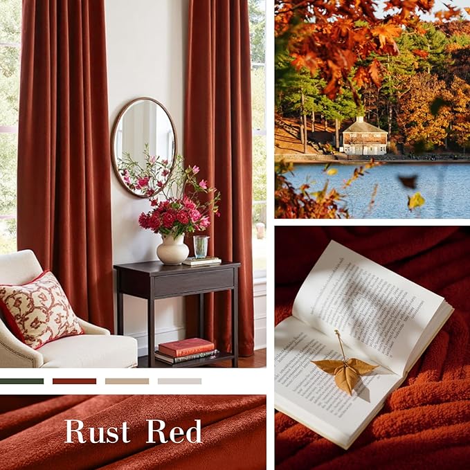 Lazzzy Velvet Blackout Curtains Thermal Insulated Room Window Drapes Super Soft Luxury Curtains for Living Room Bedroom Rod Pocket 2 Panels, Rust Red, 52" W x 96" L