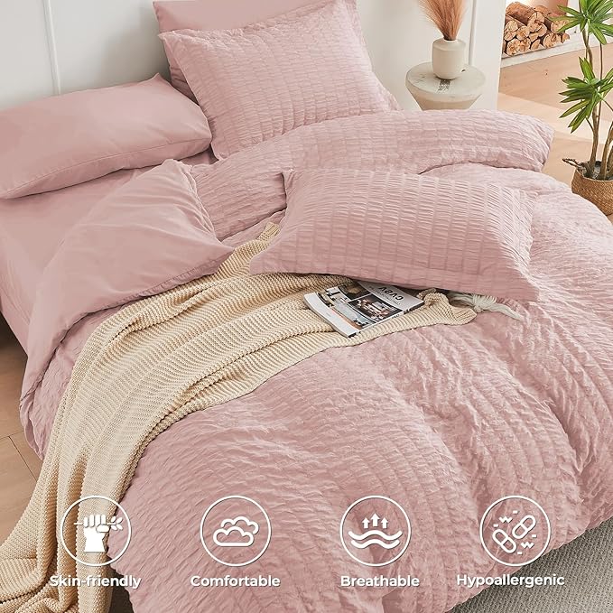 HYMOKEGE Rose Gold California King Comforter Set Seersucker 7 Pieces, All Season Luxury Bed in a Bag Queen for Bedroom, Bedding Set with Comforter, Sheets, Pillowcases & Shams