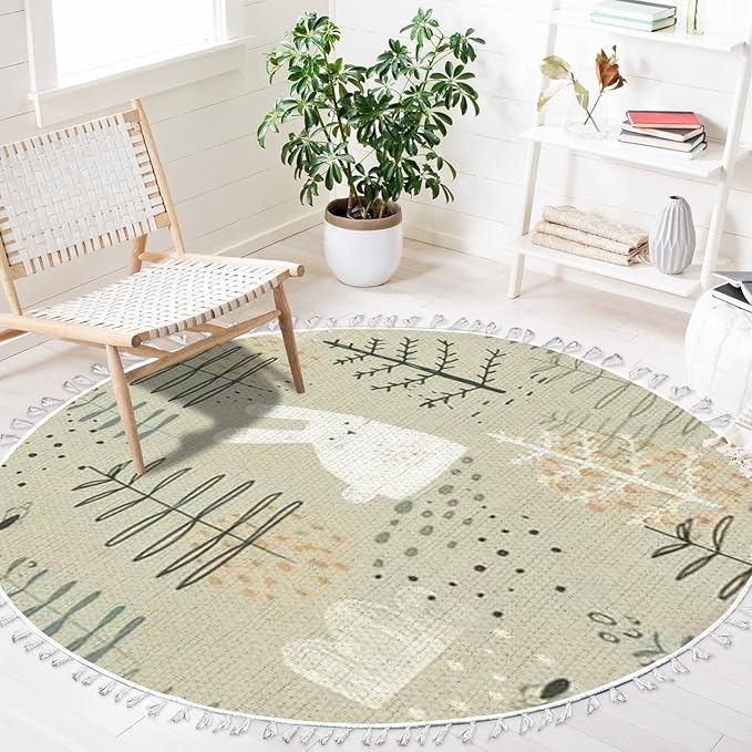 Round Rugs Forest Funny Rabbits Hand Drawn for Kids Fabric Wrapping Boho Area Rug Linen and Cotton Carpet Meditation Washable Hallway Runner Mat Accent Bedroom Bathroom 4ft, Multi2
