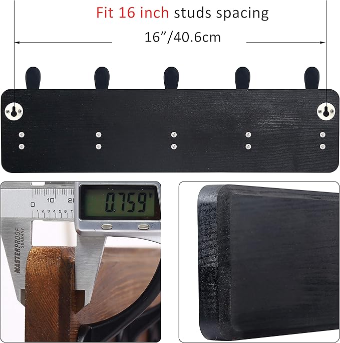WEBI Coat Rack Wall Mount,Coat Hooks Wall Mounted Rustic,16" Hole to Hole,Large Coat Hanger Wall,Wood Hook Rack,5 Triple Hooks for Hanging Coats,Jacket,Clothes,Black
