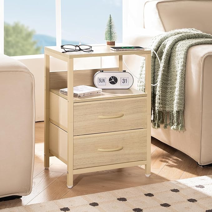 Yoobure Nightstand with Charging Station, Small Night Stand with Fabric Drawers and Storage Shelf for Bedrooms, Nightstands for Small Spaces, Bedside Table with USB Ports & Outlets, Bed Side Table