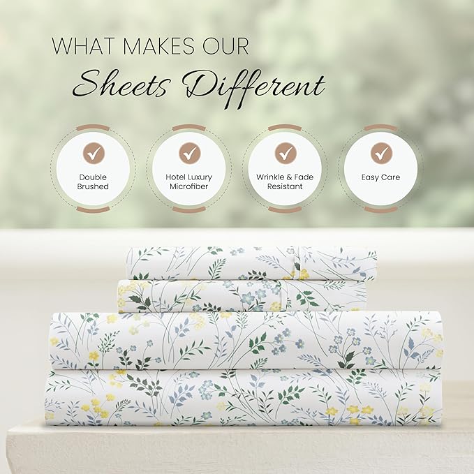 Linen Market Double-Brushed Patterned Microfiber Full Sheet Set 4 Piece – Oeko-TEX Certified Ultra Soft & Wrinkle-Free - 16" Deep Pocket Sheets - Easy Care Full Size - Wildflower Light Blue