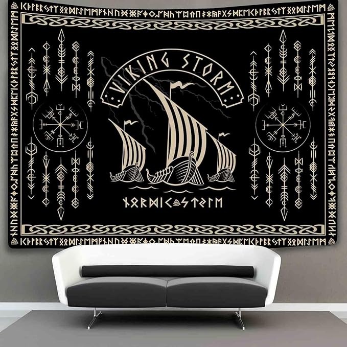 OSUNBD Viking Warship Tapestry Wall Hanging - Large 108x90 inches Storm & Celtic Runes on Soft Flannel Aesthetic Mythology Tapestries Norse Mythology Art for Bedroom, Living Room Decor