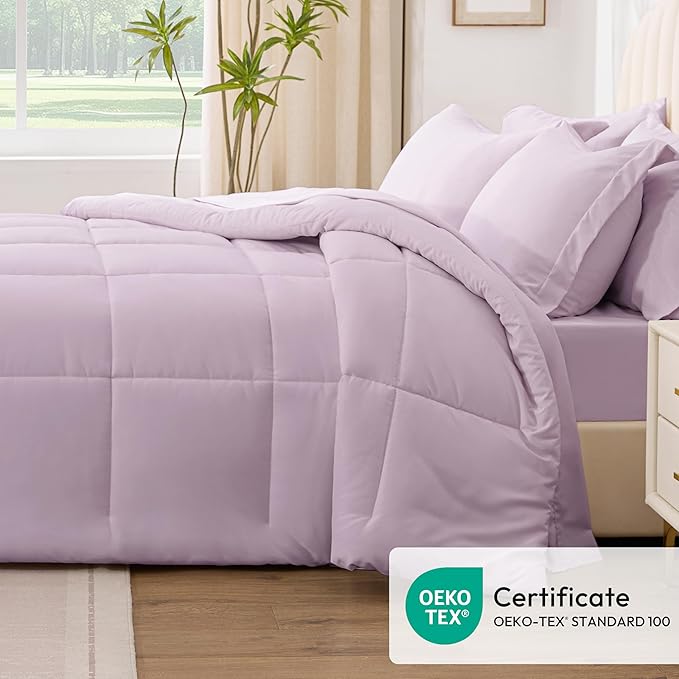 Love's cabin King Size Comforter Set Light Purple, 7 Pieces King Bed in a Bag, All Season Bedding Sets with 1 Comforter, 1 Flat Sheet, 1 Fitted Sheet, 2 Pillowcase and 2 Pillow Sham