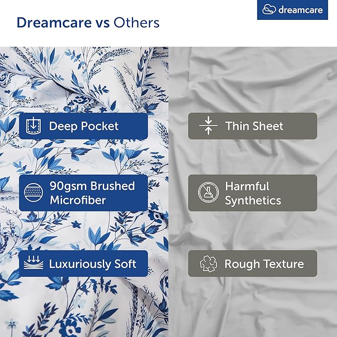 DREAMCARE King Size Floral Sheets - 4pc King Bed Set - Cooling & Soft Long Lasting - Floral Blue