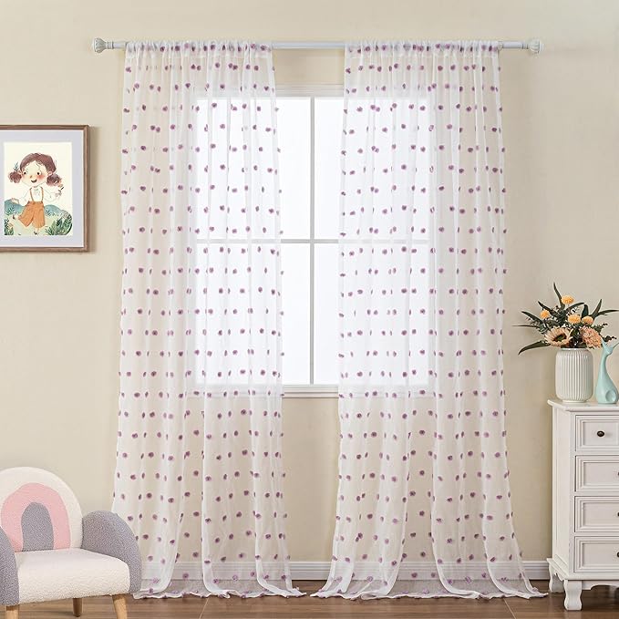 MYSKY HOME Purple Pom Pom Sheer Curtains for Bedroom and Living Room - 95 Inch Length Light Filtering Rod Pocket Window Backdrops for Large Sliding Doors - 52 x 95 in 2 Panels