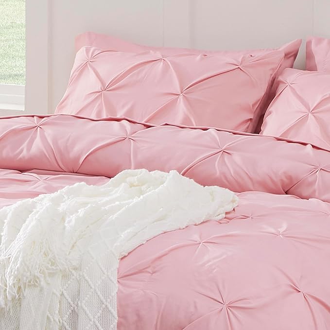 Bedsure Full Comforter Set Baby Pink - Bed in a Bag Full Size Bedding Set 7 Pieces, GentleSoft™ Pintuck Bed Set Gift for Family, Pinch Pleat All Season Comforter with Sheets, Pillowcases & Shams