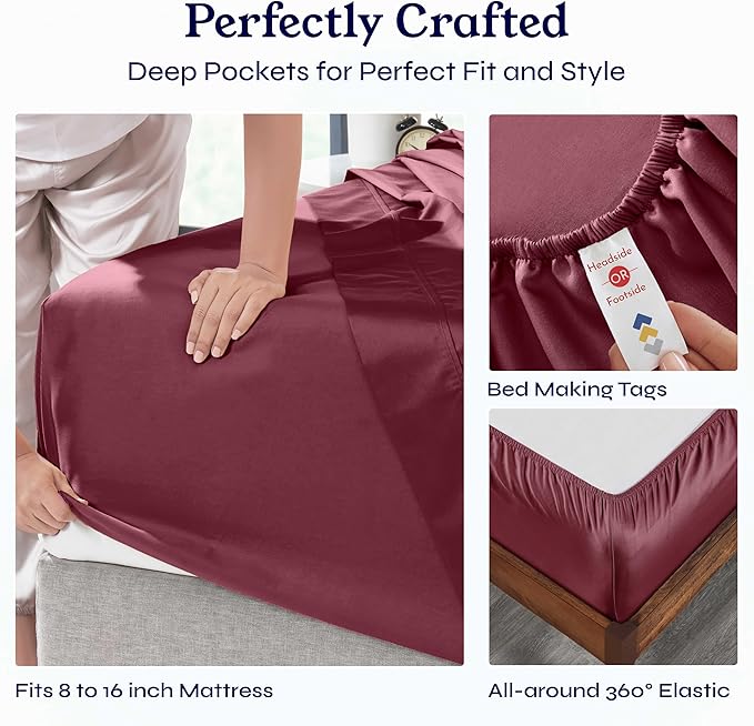 California Design Den Natural 100% Cotton Sheets, Soft Queen Sheet Set, 400 Thread Count Sateen, Deep Pockets with All-Around Elastic for a Snug Fit, Cool & Durable Bedding Set - Burgundy Red