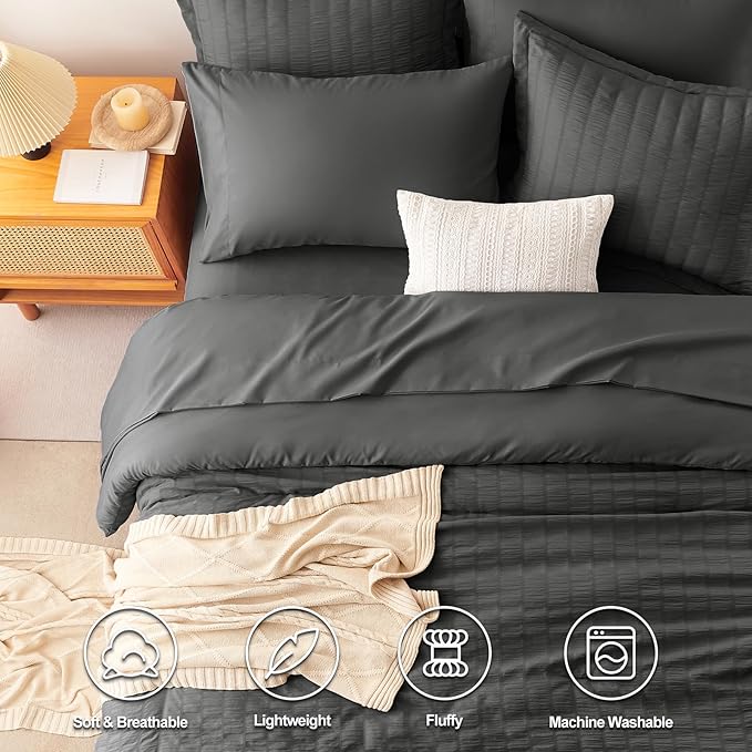 CozyLux Oversized Queen Comforter Set Dark Grey Seersucker 7 Pieces 98x98 Bed in a Bag Comforter Set with Sheets, Luxury Soft Bedding Sets with Down Alternative Comforter, Sheets, Pillowcases & Shams