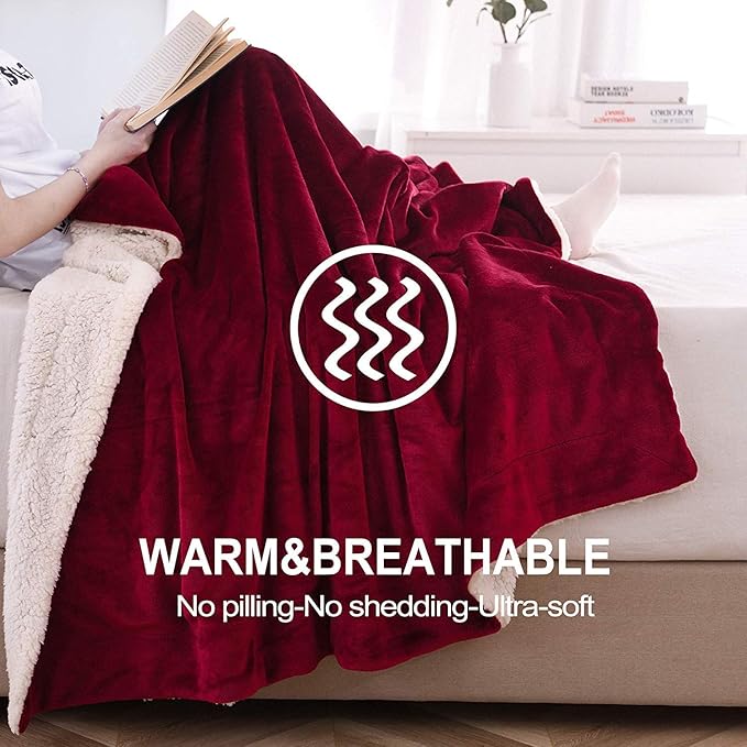 NANPIPER Sherpa Blanket Warm Blankets Super Soft Fuzzy Flannel Fleece/Wool Like Reversible Velvet Plush Couch Blanket Lightweight(Wine Red Throw Size 50"x60")