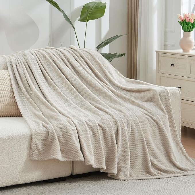 NEWCOSPLAY Super Soft Twin Blanket Linen Premium Silky Flannel Fleece Leaves Pattern Lightweight Bed Blanket All Season Use (Linen, Twin(60"x80"))
