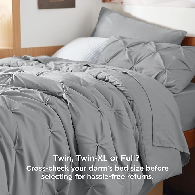 Bedsure Twin XL Comforter Set - Extra Long 5 Pieces Dorm Bedding Sets, GentleSoft™ Pinch Pleat Grey Bed in a Bag with Pintuck Comforter, Sheets, Pillowcase & Sham