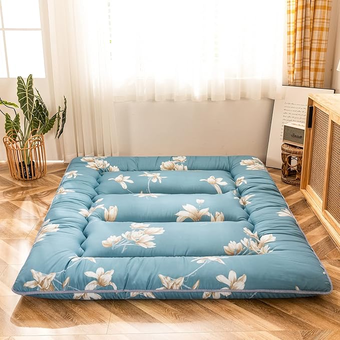 MAXYOYO Floral Printed Rustic Japanese Floor Mattress - Foldable Futon, Roll Up Camping Bed for Adults, Floor Lounger, Couches and Sofas, King Size