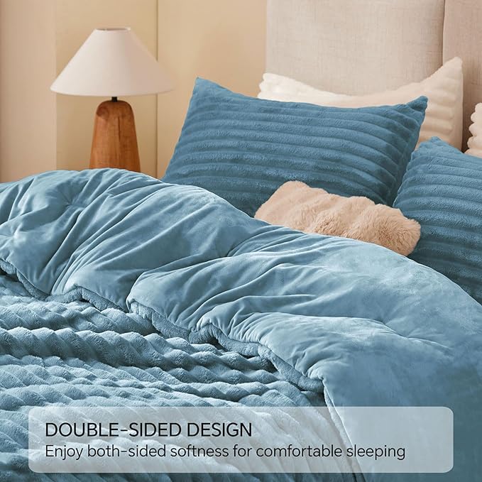 BEDELITE Fleece Queen Comforter Set -Super Soft & Warm Fluffy Blue Fog Bedding, Luxury Fuzzy Heavy Bed Set for Winter with 2 Pillow Cases