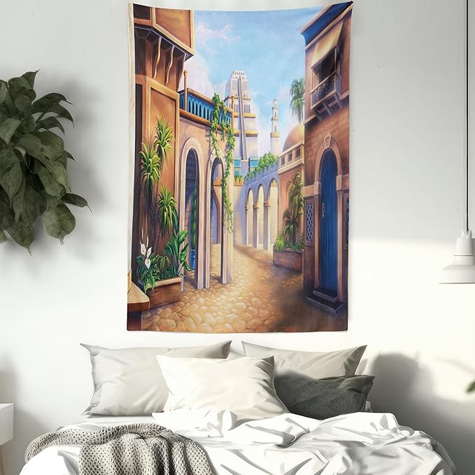 Lunarable City Tapestry Queen Size, Babylon City Gardens Architecture 7 Wonders of the World, Wall Hanging Bedspread Bed Cover Wall Decor, 88" X 88", Caramel Green