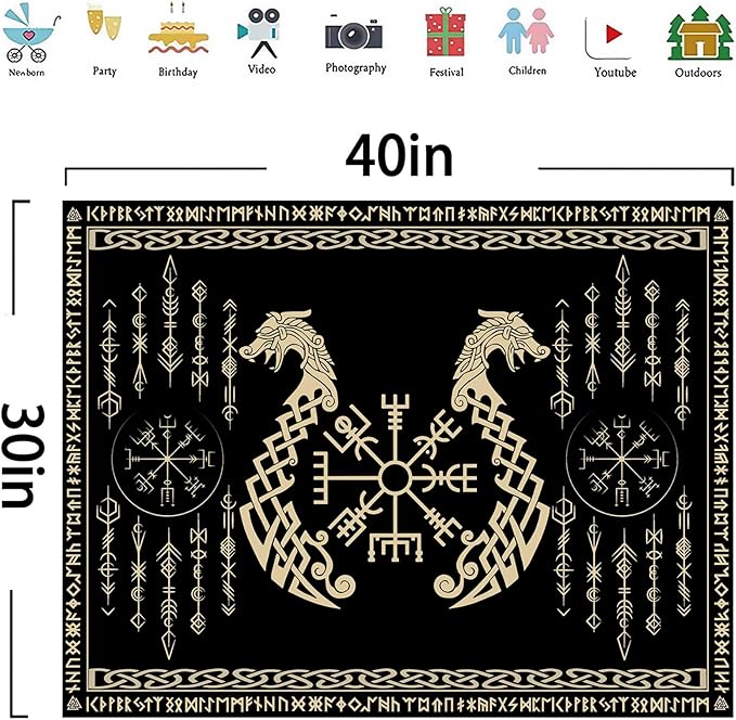 OSUNBD Nordic Vikings Tapestry, Small 4030 inches Soft Flannel, Vegvsir Symbol Twins Dragons Celtic Rune Scandinavian Aesthetic Mythology Tapestry Wall Hanging for Bedroom Living Room Decor
