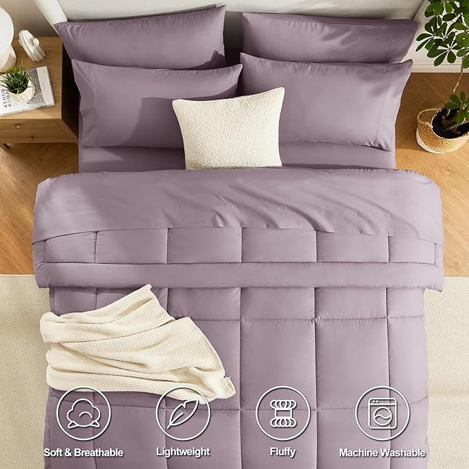 CozyLux King Size Comforter Set Dusty Purple - 7 Pieces Bed in a Bag Dusty Purple Comforter King Size, Bedding Set with All Season Quilted Comforter, Flat Sheet, Fitted Sheet, Pillowcases
